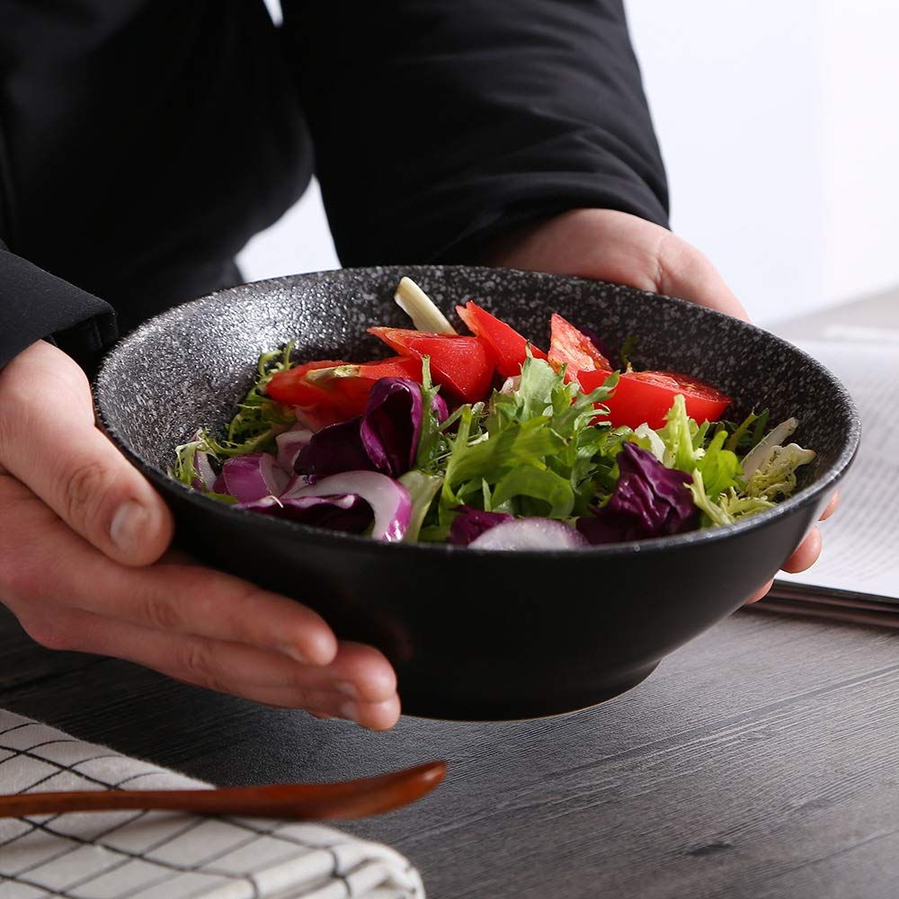 Ensaladeras Ensalada 2pcs Cerámica cuenco de cerámica sopa fideos Tazón horno cristal frutas Postre color sólido para Restaurantes y Hogares(Schwarz)