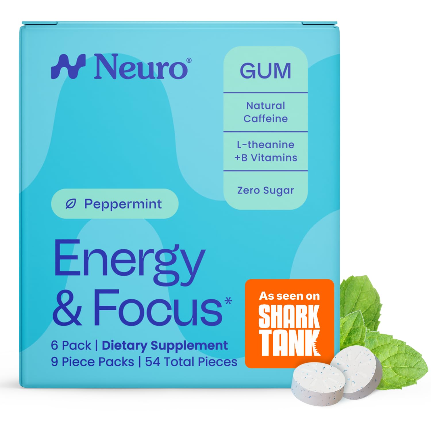 Neuro Energy & Focus Gum - 40mg Natural Caffeine Gum & Nootropic Energy Supplement with L-Theanine & B Vitamins - Sugar Free, Vegan - Peppermint, 54ct