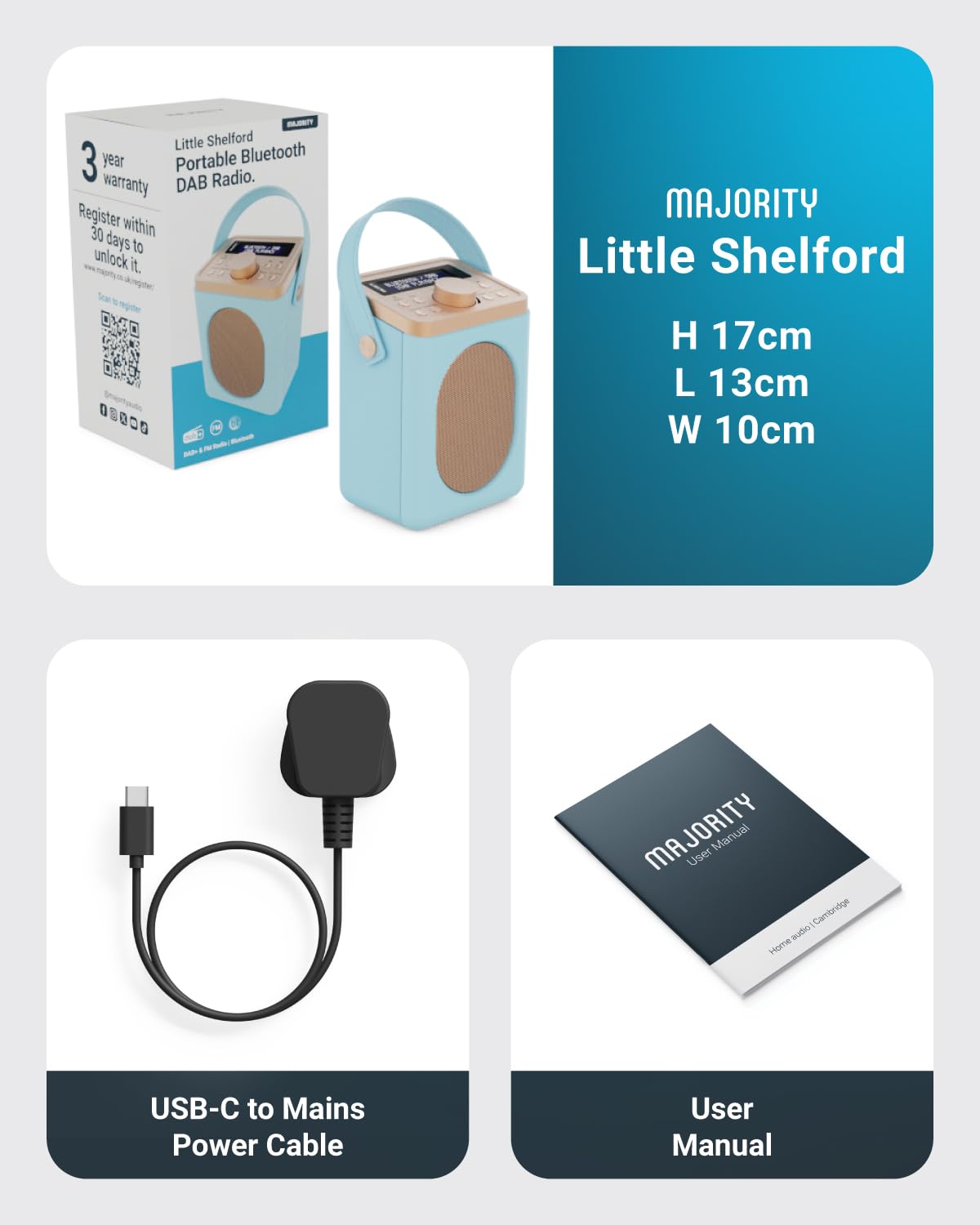 MAJORITY Little Shelford Radio Portail Dab+ FM | Radio a Pilas y Alimentada por la Red Eléctrica | Bluetooth | Función de Doble Alarma y Repetición de Alarma | 40 Presets (Huevo de Pato Azul)