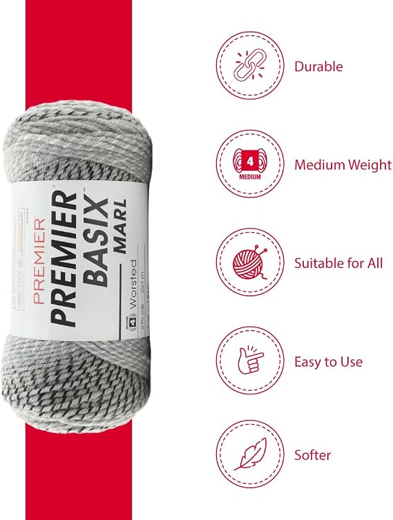 Premier Yarns Basix, Marl Worsted Yarn, Made of Acrylic, Ideal Yarn for Crocheting and Knitting, 245 Yards, Monochrome Marl