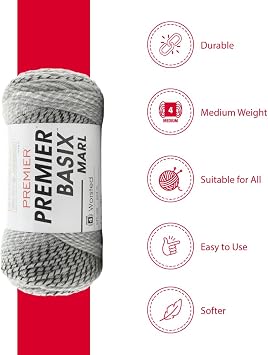 Premier Yarns Basix, Marl Worsted Yarn, Made of Acrylic, Ideal Yarn for Crocheting and Knitting, 245 Yards, Monochrome Marl