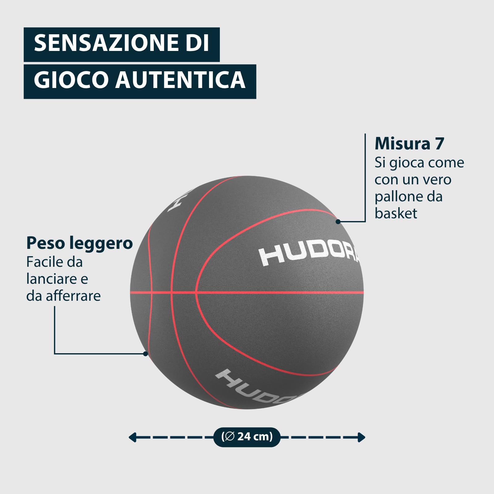 HUDORA Soft-Basketball – misura 7, Ø 24 cm – ca. 340 g – pallone da basket in schiuma grigia –silenzioso per interni ed esterni – morbido, antiscivolo e adatto ai bambini – per giardino e parco giochi