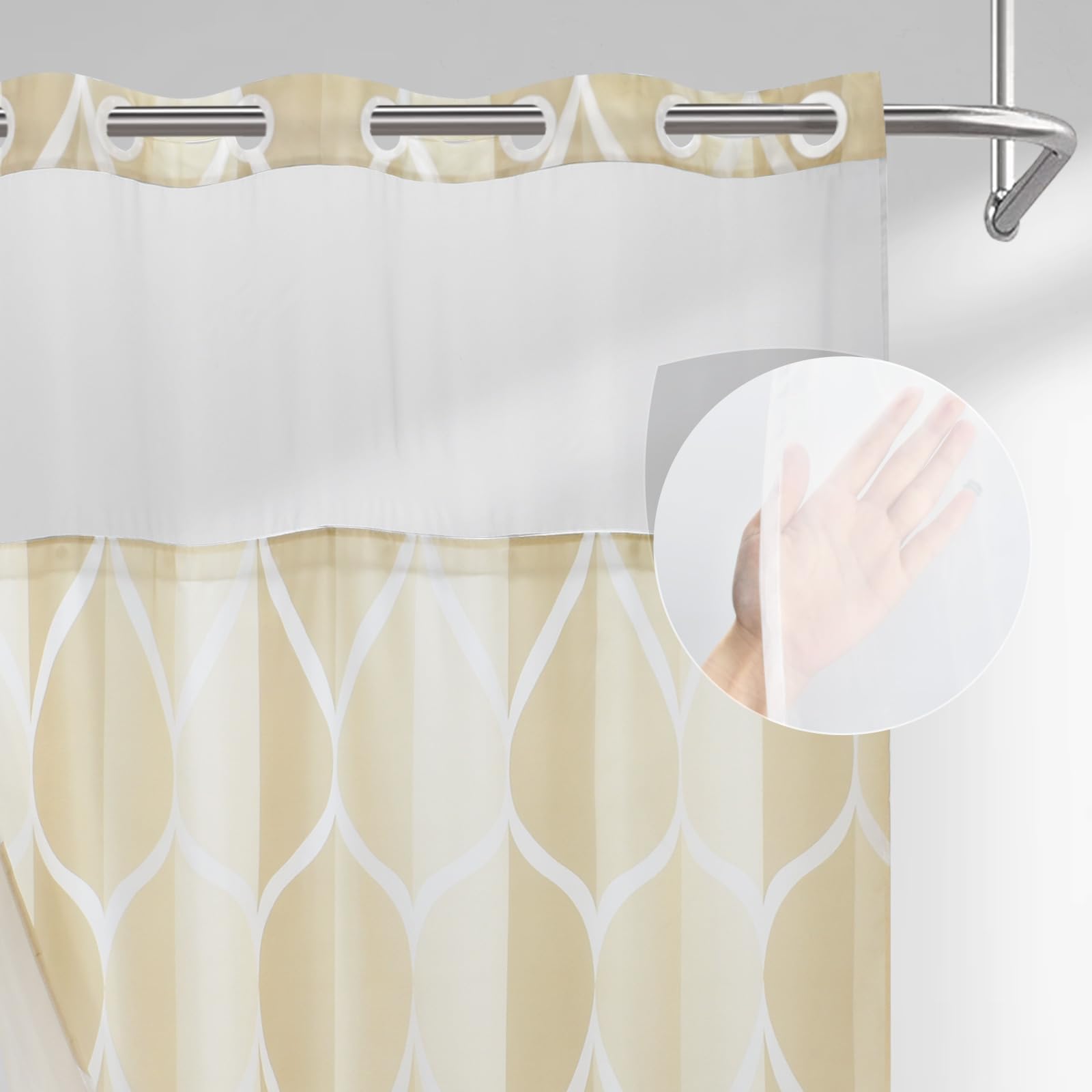 Yiatn Duschvorhang ohne Haken, Stallgröße, mit Stoffeinsatz, Hotel-Stil mit durchsichtigem Netzfenster, modernes geometrisches Wassertropfen-Design, wasserdicht und waschbar, 137 x 203 cm,