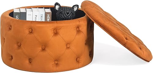 Miniatura 41 de Adeco Moderna silla otomana redonda de almacenamiento de 28 pulgadas, reposapiés otomano tapizado con botones con almacenamiento para sala de estar