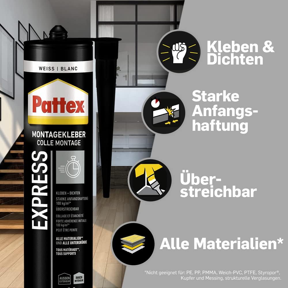 Pattex Montagekleber Express – 3x 440g Kartusche, weiß | Extra schnell & stark, für schnelle Montagearbeiten ohne Bohren