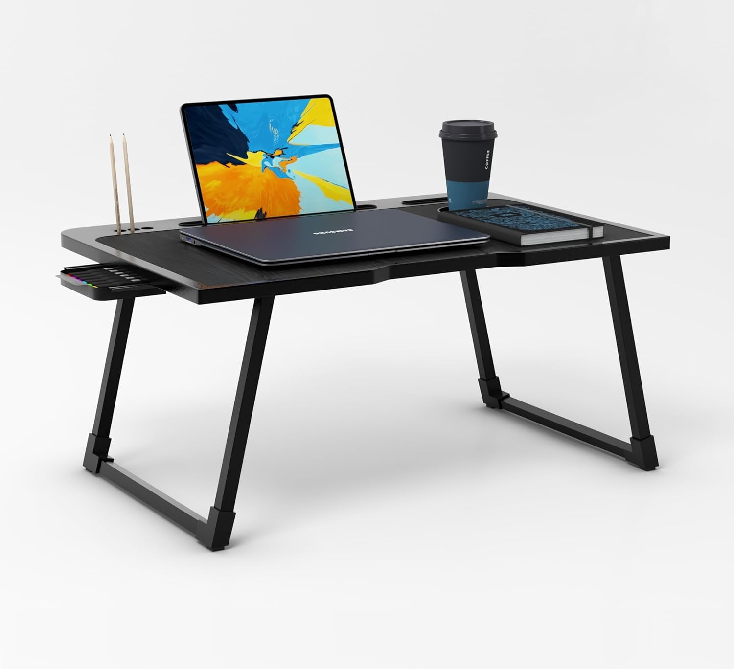 RADIANT Engineered Wood Multipurpose Foldable Laptop Table, Cup Holder, Drawer, Mac Holder, Study Table, Breakfast Table, Portable, Ergonomic, Rounded Edges, Non-Slip Legs (Black), 60cm, 40cm