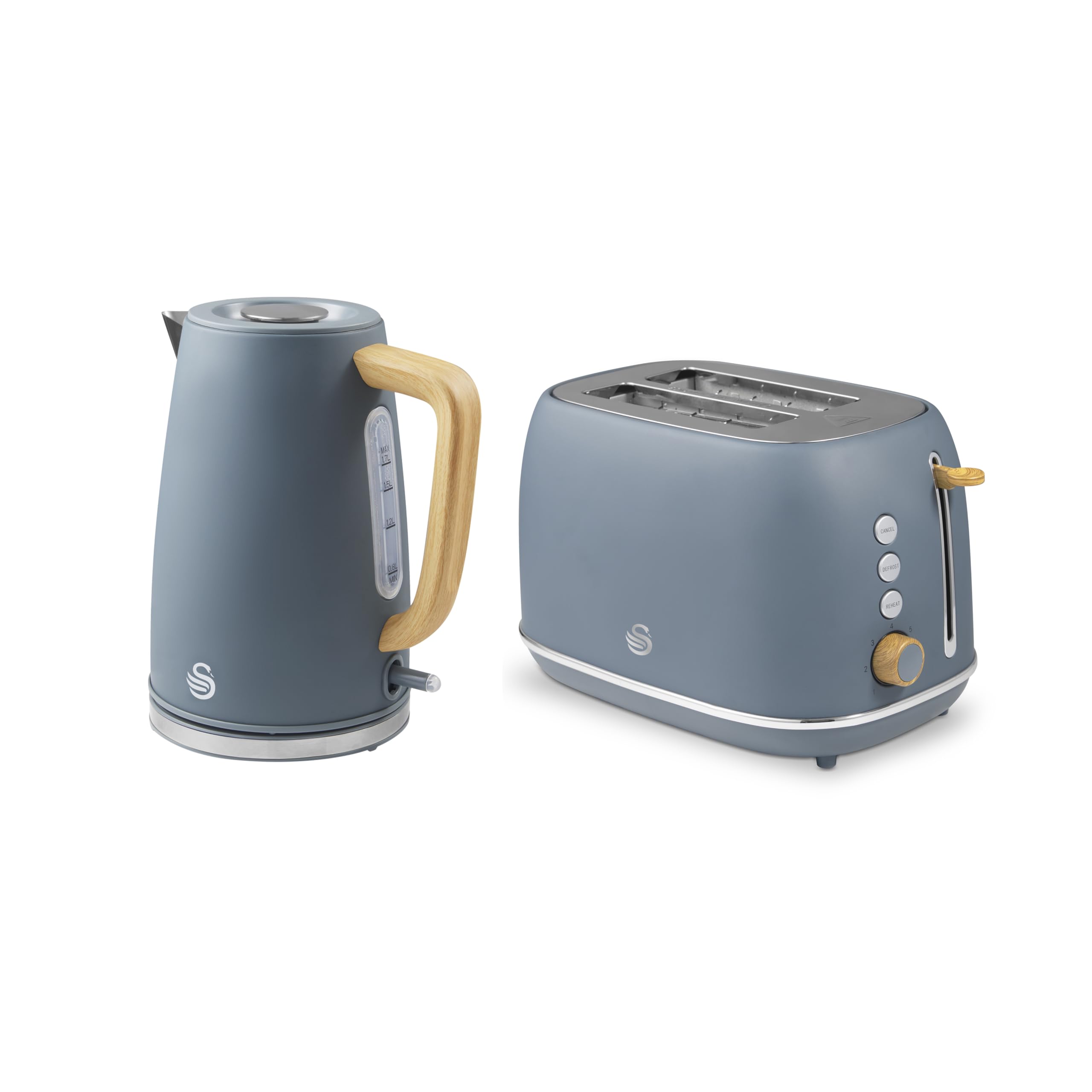 Swan Fjord Kitchen Set, 1.7L Rapid Boil Kettle with Wood Effect Handle and 900W 2-Slice Toaster with 7 Browning Levels, Grey and Wooden Accents, SK19024GRY & ST19030GRY