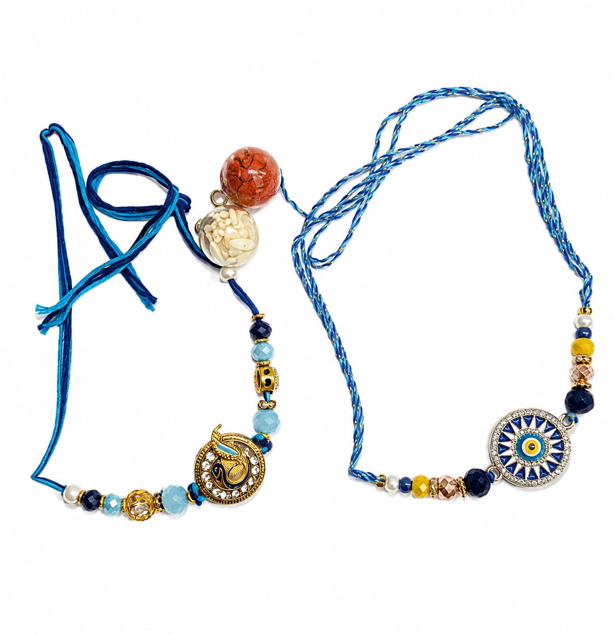 Kikncraft Rakhi set of 2 for Brother | Premium Designer Handmade Bhai Rakhi with Roli Chawal | Bule Evil Eye and Peacock Thread Raksha Bandhan Gift