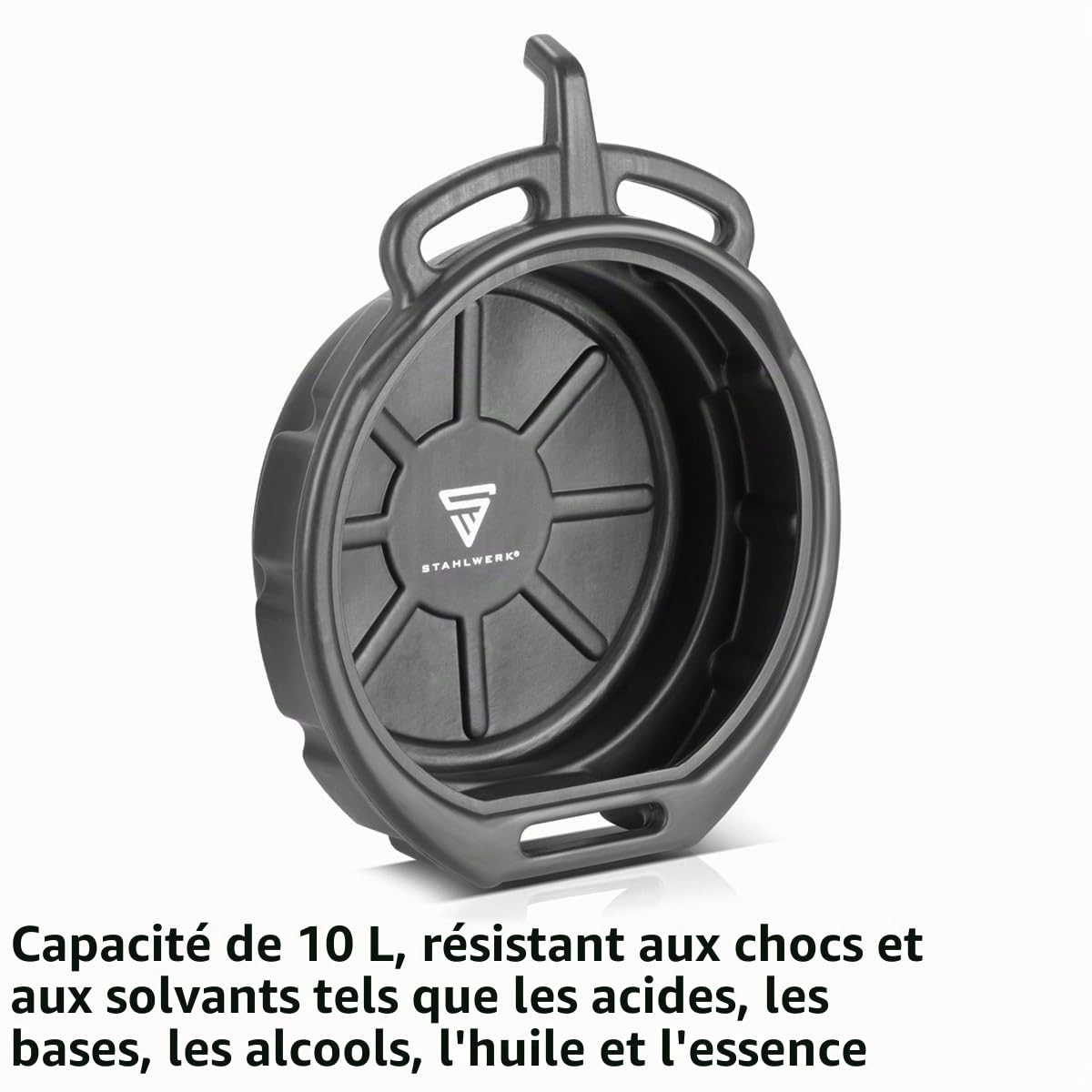 STAHLWERK Récipient à huile avec tuyau de remplissage 10 l | Récipient à huile plat et rond | Bac à huile | Bidon de vidange d'huile | Bac en plastique | Récipient à huile en plastique pour le