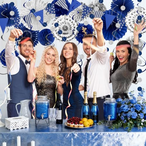 Image of 24 Pcs Blue Silver Party Decorations, Paper Fans Pom Poms Banner 8-16 in | Navy blue silver fans, pom poms, honeycomb balls, banner, spirals for graduation, birthday, retirement, wedding decor