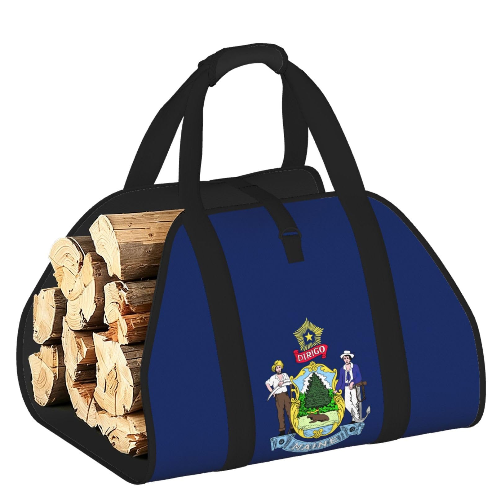 Ayyqwe Black Maine State Flag Print Firewood Bag Wood Waterproof Versatile Camping Picnic Storage Daily Home