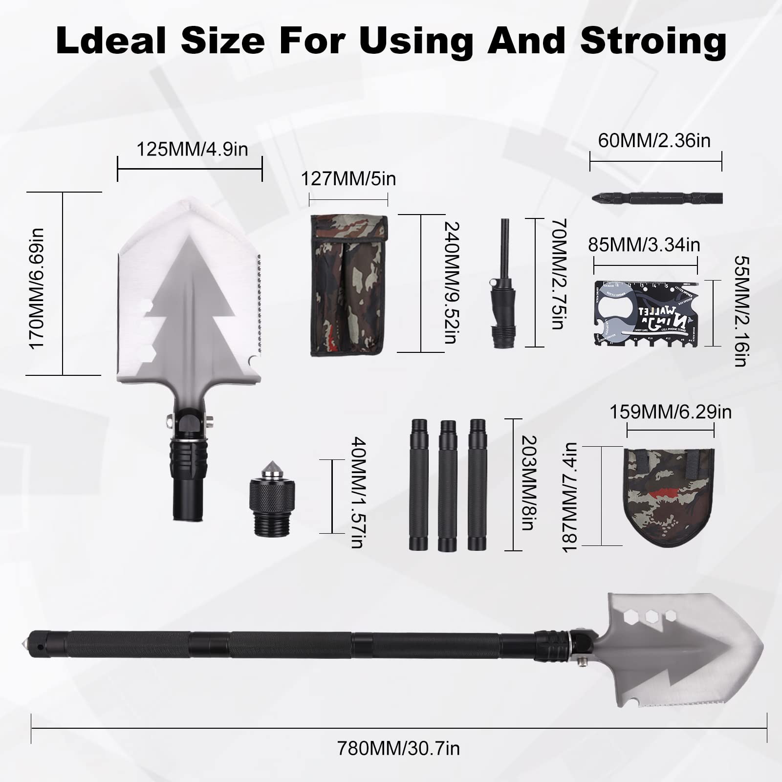 Pala multiusos de Aluminio, negro / plata, Plegable de 78 cm, con 3 Combinaciones de Longitudes, portátil de 180 Grados, para Senderismo, Aventura, jardín, etc.