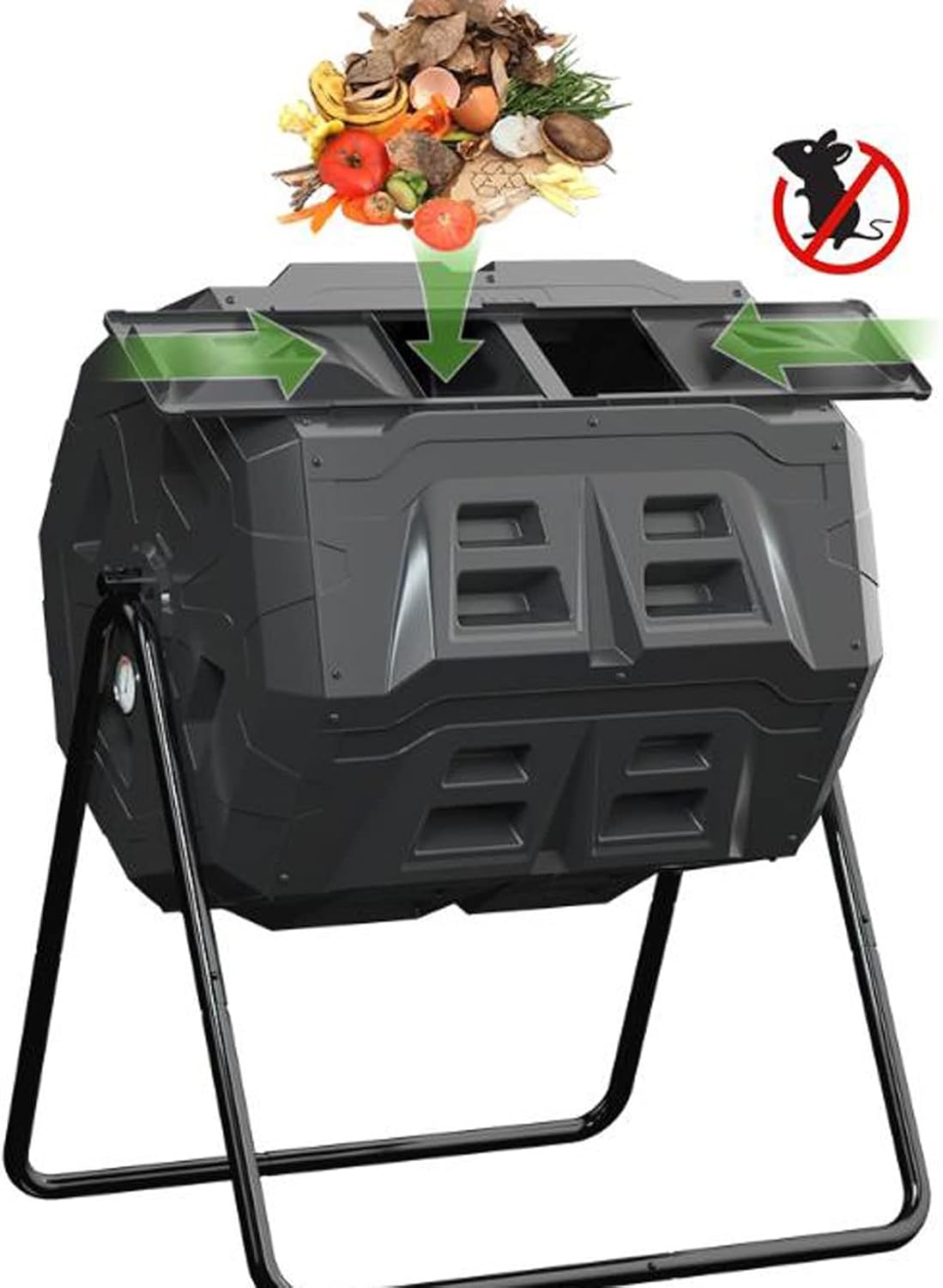 Electric Compost Bin 160L/42 Gallon Compost Bin with Detachable Thermometer， Outdoor Tumbling Composting Bins Compost Tumbler Bucket Trash Can w/Dual Chamber Sliding Doors for Garden Patio Composter