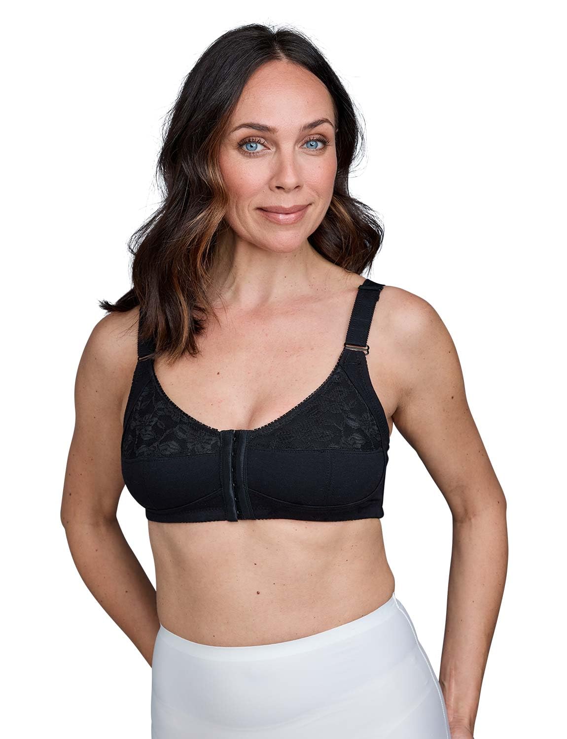 Chums Women's Black Cotton Rich Wide Strap Front Fastening Bra Wireless Full Coverage, Adjustable Straps Hook And Eye Fastenings 42E