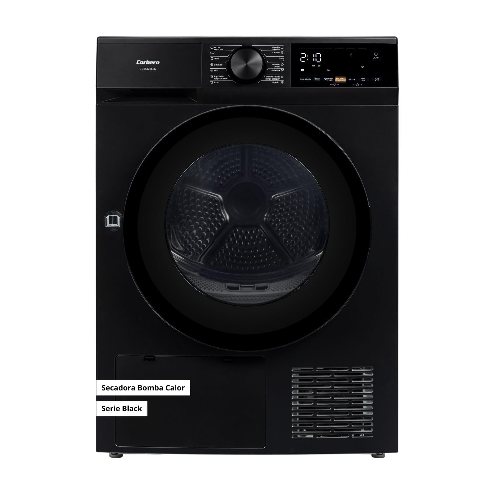 Corberó - Secadora Bomba de Calor Excellence | CSBCM850N | 8 kg | 84,5 x 60 x 59,5 cm | Motor Inverter | 5 Niveles de Secado | Purificación Luz UV | Tambor Inox | 65 dB | Negro | Clase C