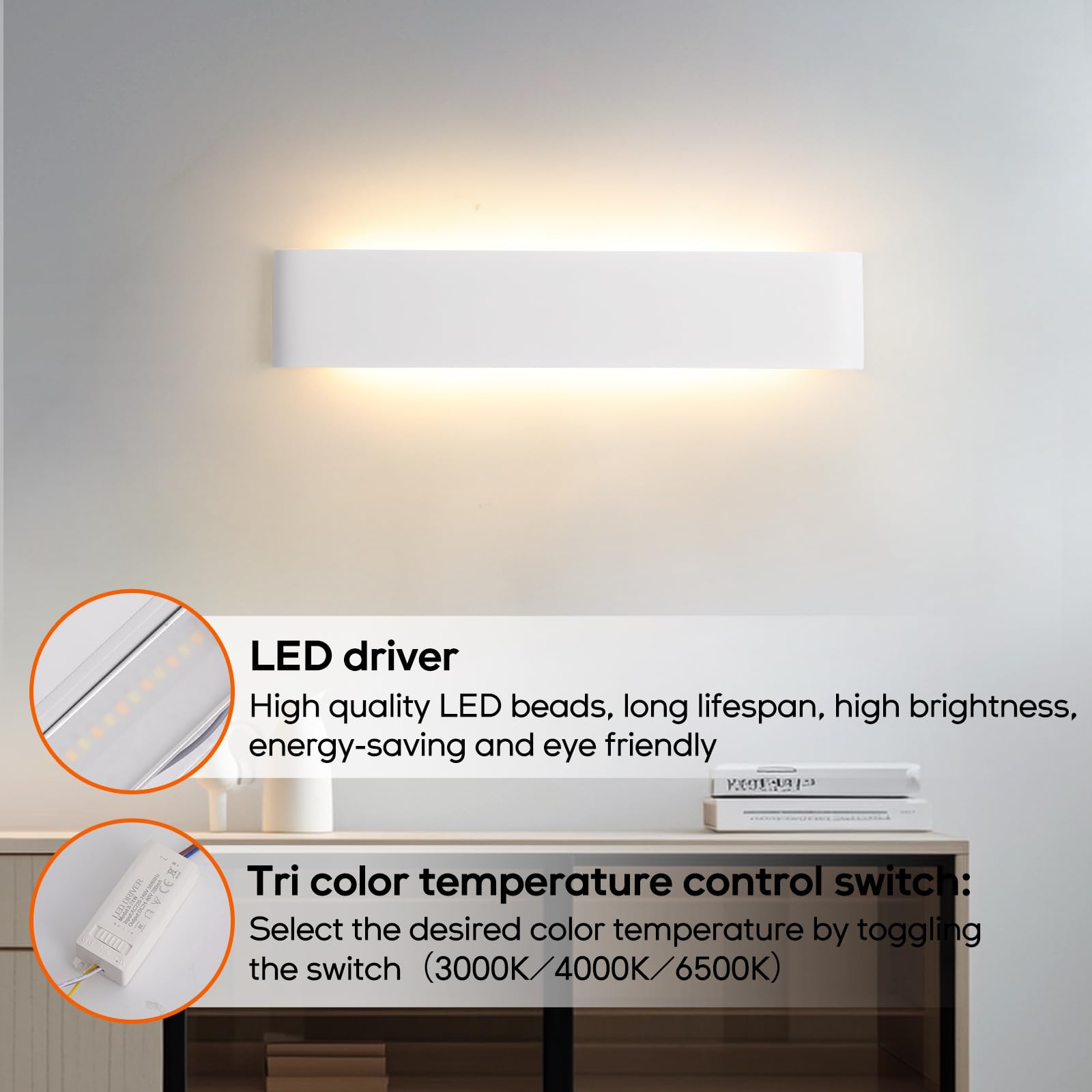 Mille Lucciole Applique da Parete Interno Dimmerabile 24W,Lampada da Parete Interno 3 Colore Dimmerabile 3000K/4000K/6500K,Applique LED da Parete Interno 2880LM 4 Pezzi Bianco