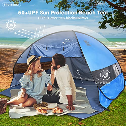 Image of FRUITEAM Pop Up Beach Tent Sun Shelter for 3-4 Person with UV Protection for Camping /Outdoor /Beach, Blue