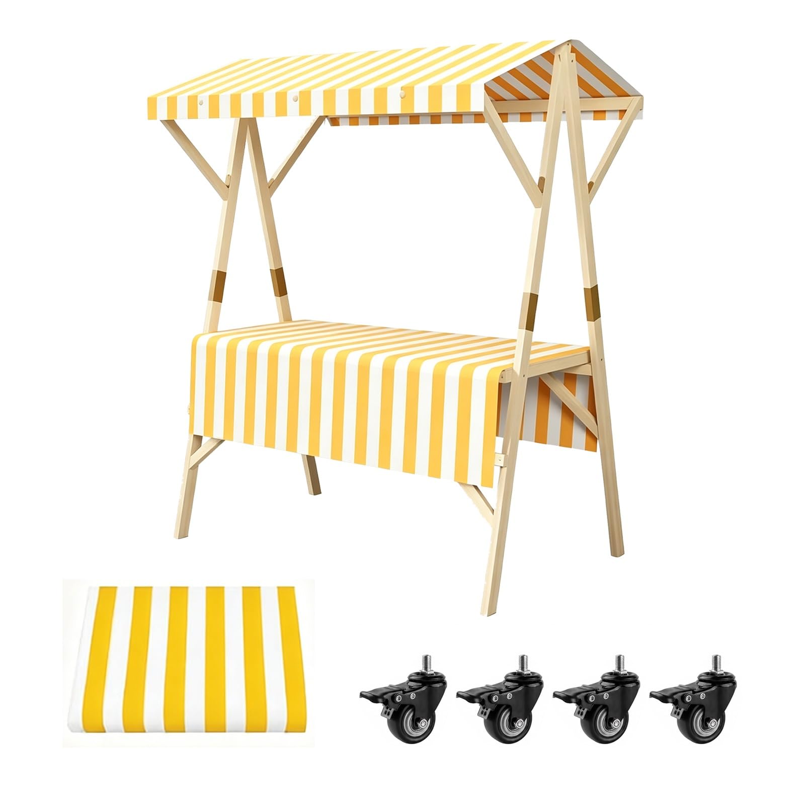 CMYAOYC Portable Food Cart with Striped Canopy, Foldable Farmers Market Stall Cart with Wheels, Wooden Concession Stand, Mobile Buffet Table(Yellow,150cm)