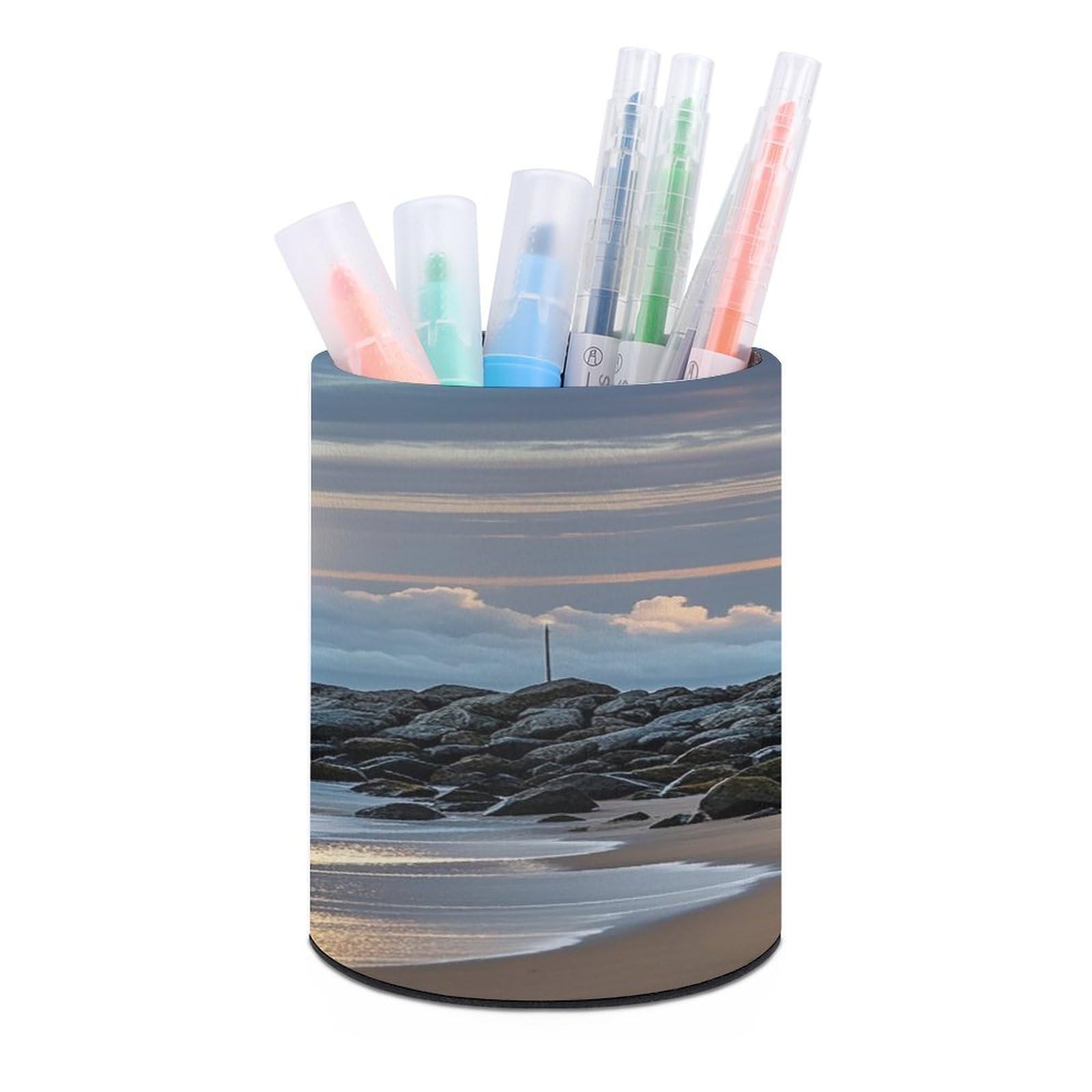 FekiLoot Round Sea Lighthouse Pen Holder for Desk PU Leather Waterproof Pencil Cup Stand Minimalist Makeup Brush Storage Organizer Desktop Stationery Container Accessorires