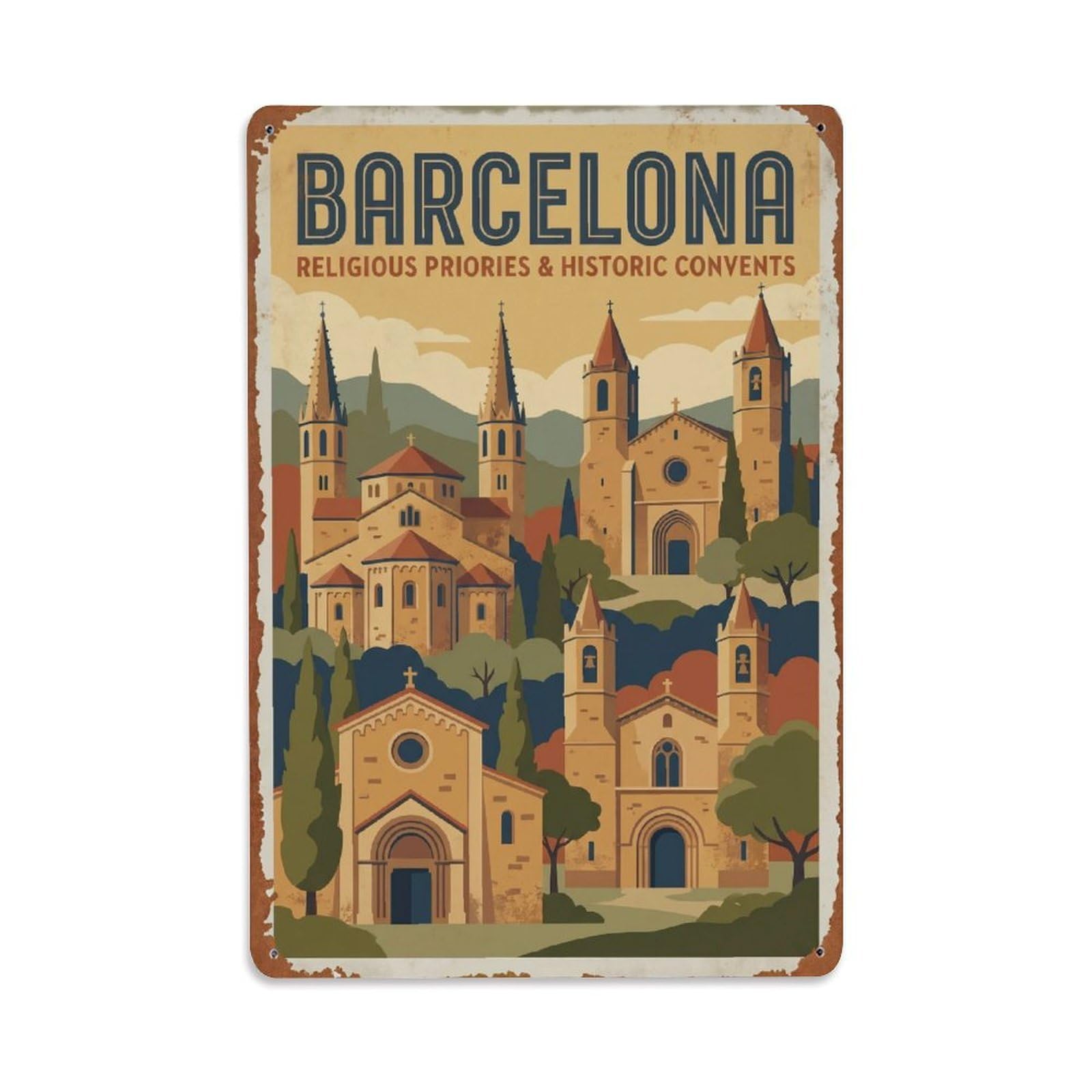 Vintage Travel Priories Spain Religious Metal Tin Sign