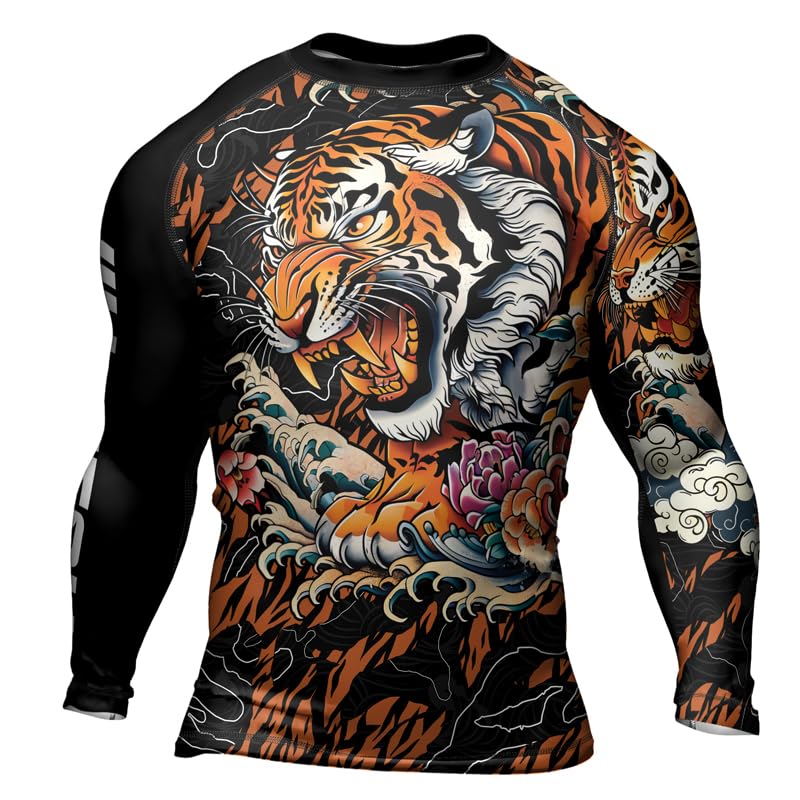 Tiger Compression Rash Guard Men's Long Sleeve Ultra-Tight Stretchable Baselayer Shirt for BJJ Jiu Jitsu Muay Thai2