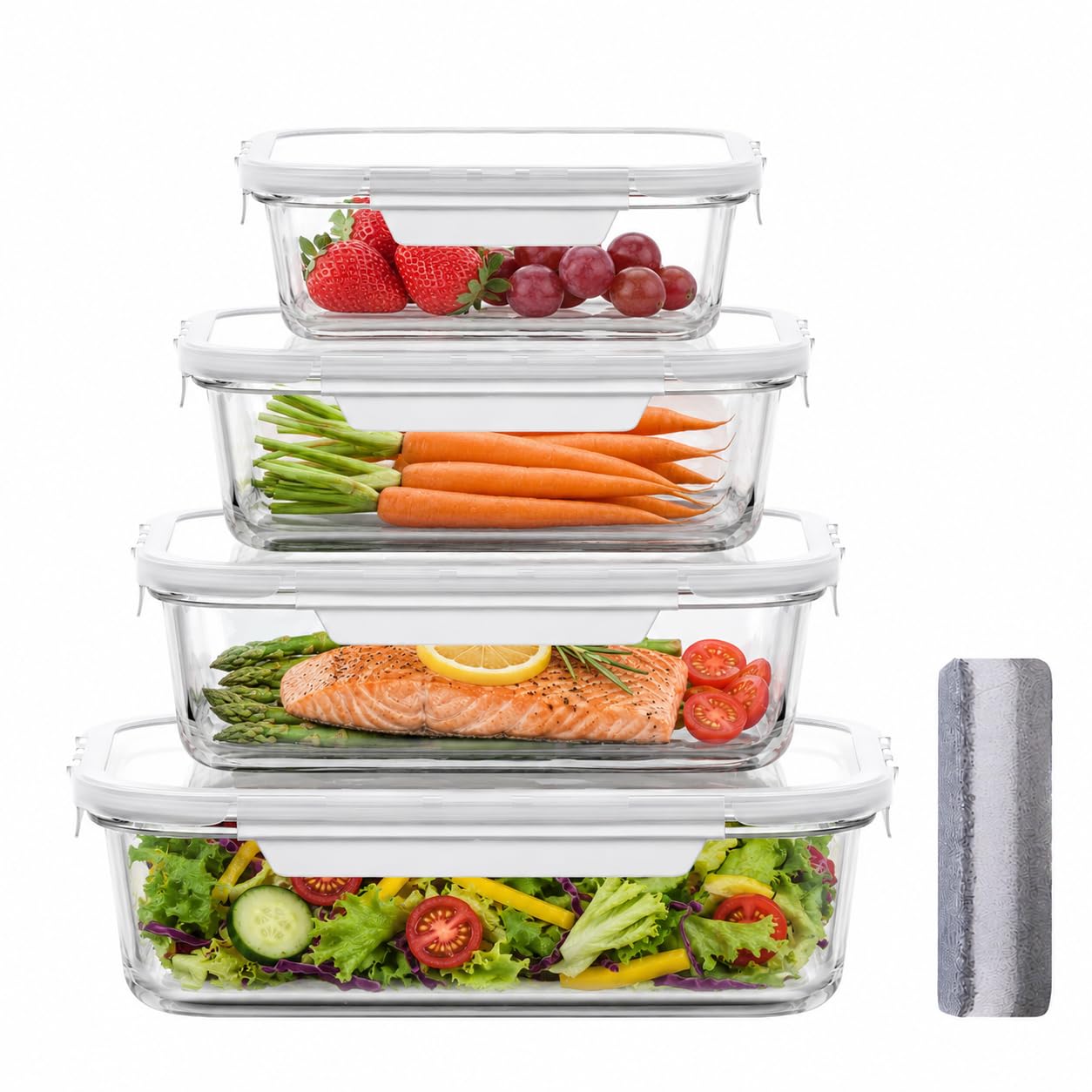 Bstask Glass Storage Containers Set 4 Sizes 370ml 680ml 1040ml 1520ml Meal Prep Food Containers with Lids