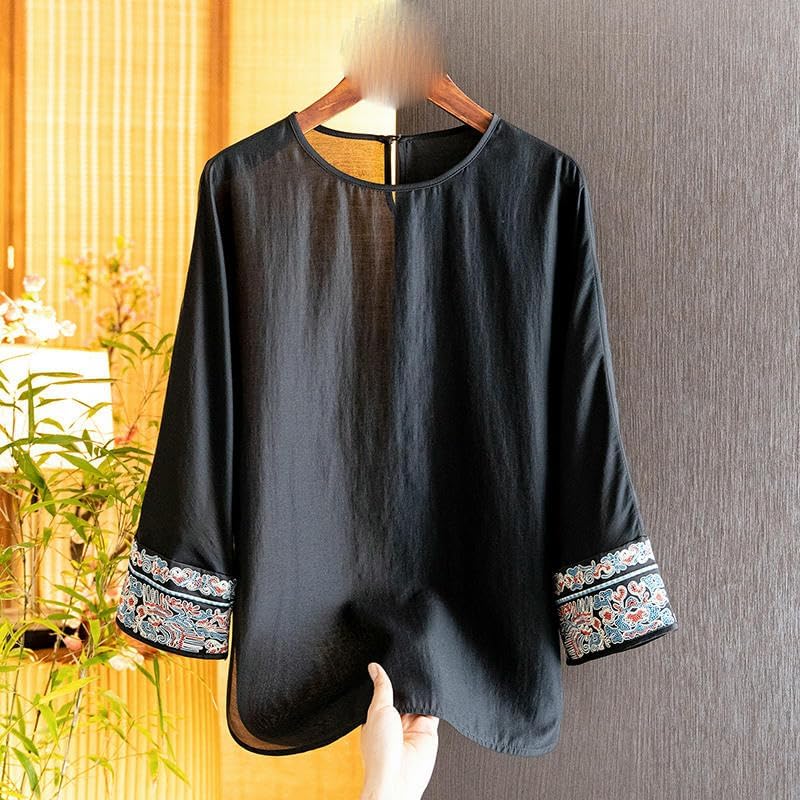 Women's Jacquard National Style Blouse Summer White Cuff Embroidered Long Sleeve Loose Fit Top