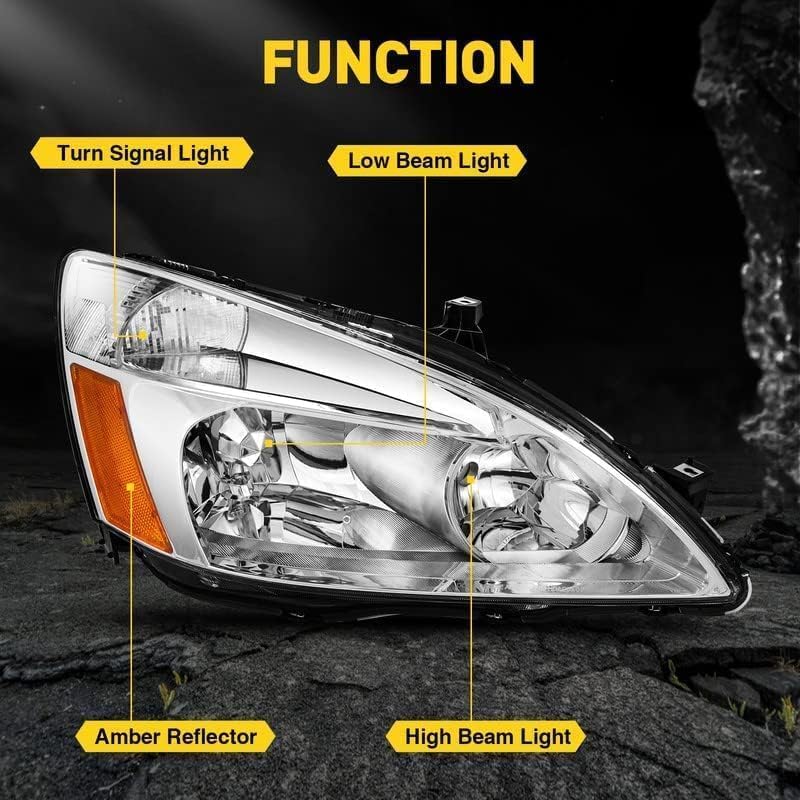 Front Headlights Assembly Compatible with 2003-2007 Accord Accord Headlight Set Amber Reflector Clear Lens Chrome Housing Replace# HO2502120,HO2503120