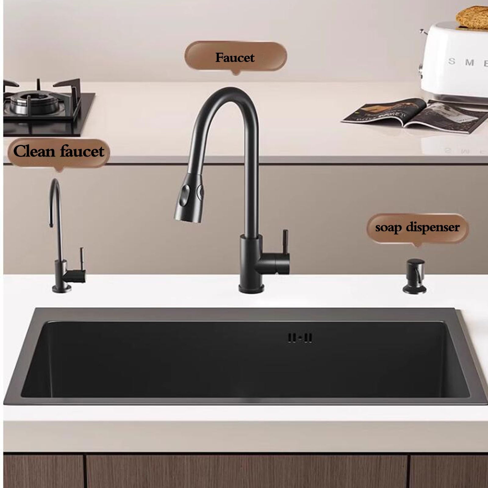 Fregadero De Sifón Sobre Encimera De Acero Inoxidable Con Grifo. Fregadero De Un Seno De Varios Tamaños Lavabo De Cocina Lavabo Para Lavarse Las Manos En El Baño ( Color : Black steel , S : 68*45*20cm