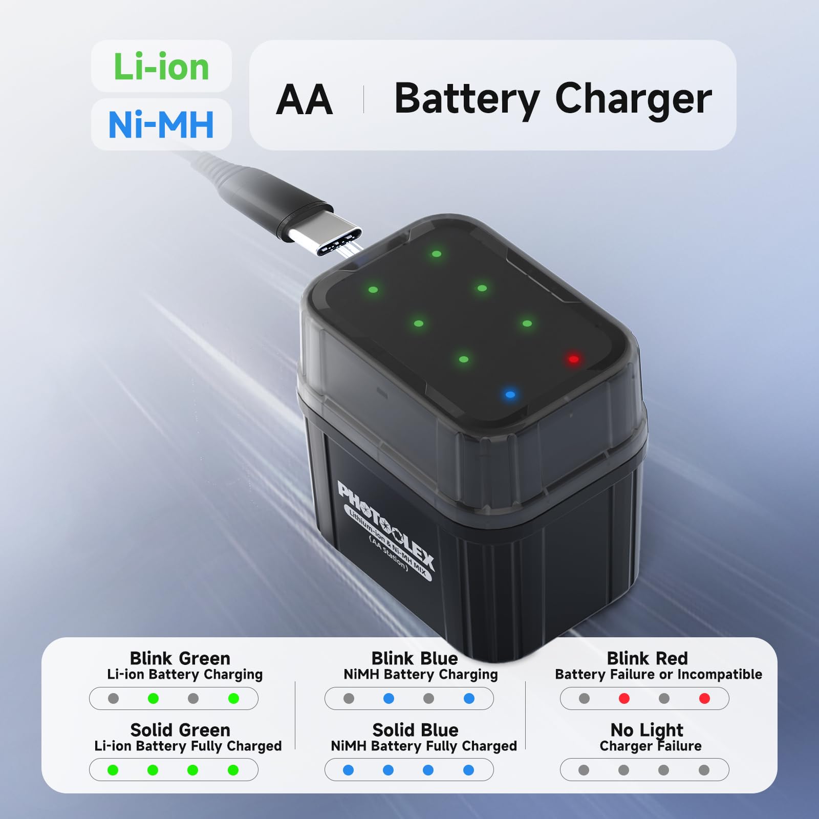 PHOTOOLEX AA Battery Charger For NiMH & Lithium Battery, Rechargeable Batteries AA Hybrid Charger Smart LED Indicator,Integrated Charging Storage Box