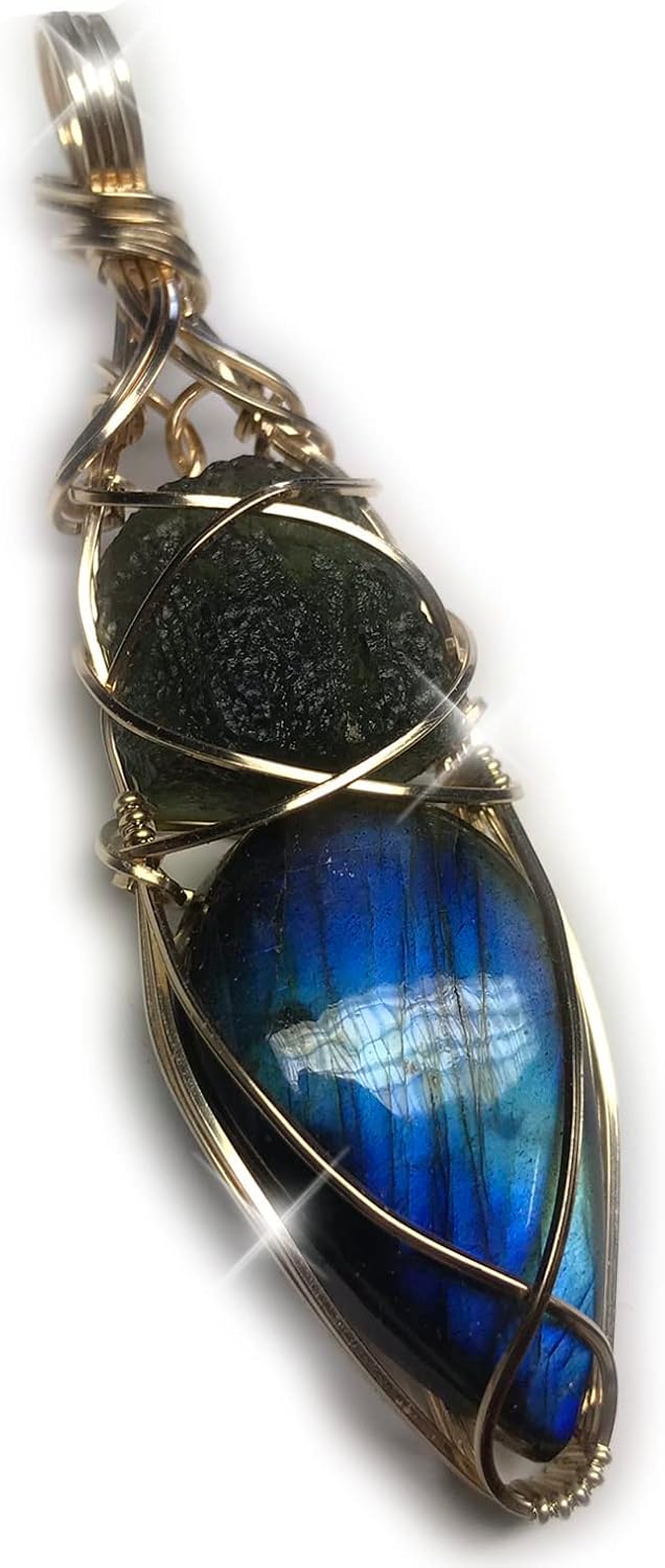 Genuine Moldavite Labradorite Pendant Necklace - 14K Gold Filled Czech Republic Tektite Healing Stones Jewelry