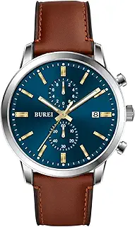 BUREI メンズレザーウォッチ クロノグラフ クォーツウォッチ メンズクラシックファッション腕時計 Relojes para Hombres、男性用ギフト(ブラウンブラック), ブルー ブラウン, ファッショナブル、クラシック、多機能、読みやすい、エレガントな紳士。