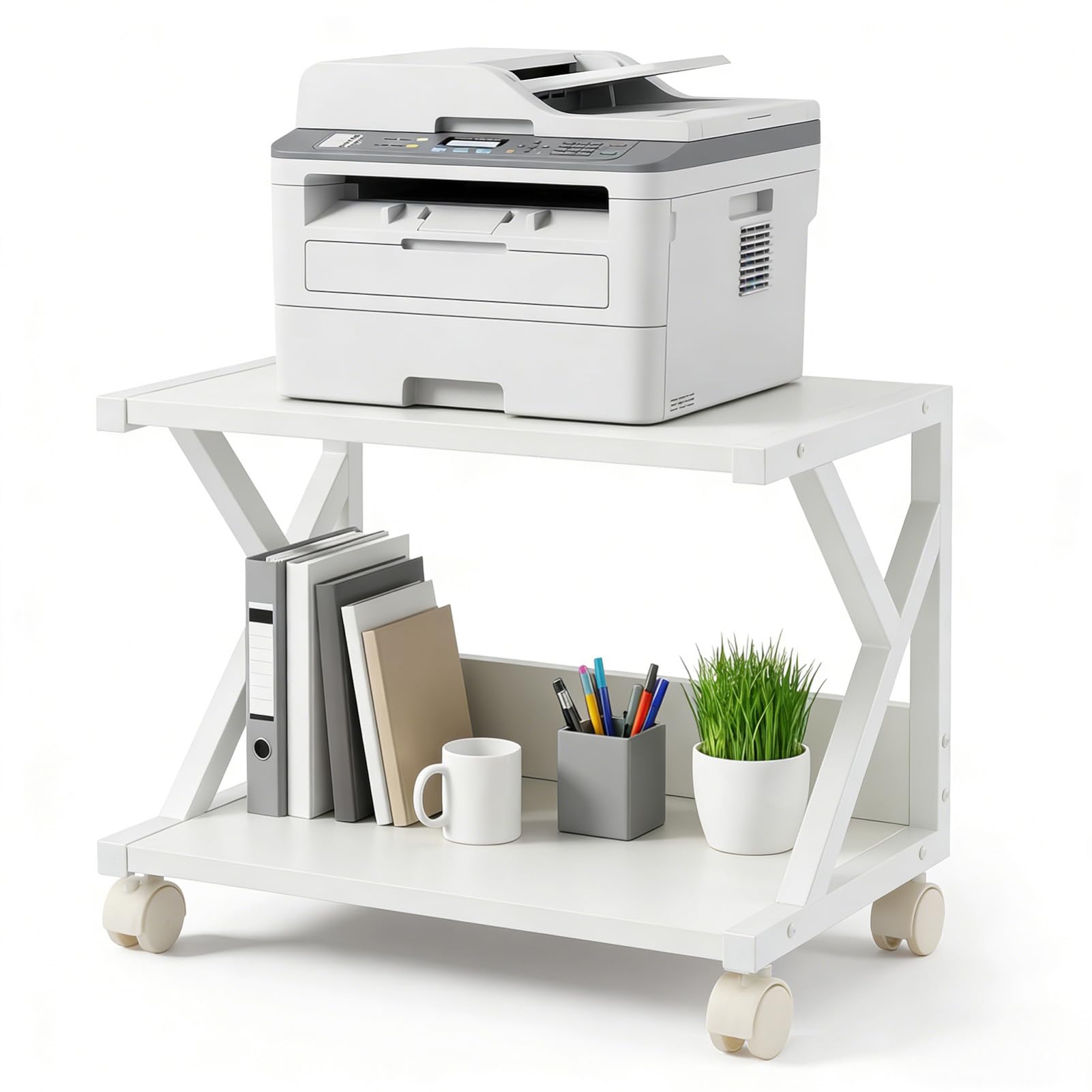 LN COZY CORNER Modern Desktop Printer Stand 2 Tier Desk Organizer Multi-Purpose Computer Monitor Riser with Storage Shelves Wood Printer Stand for Home Office Fax Machine Scanner Books (White)