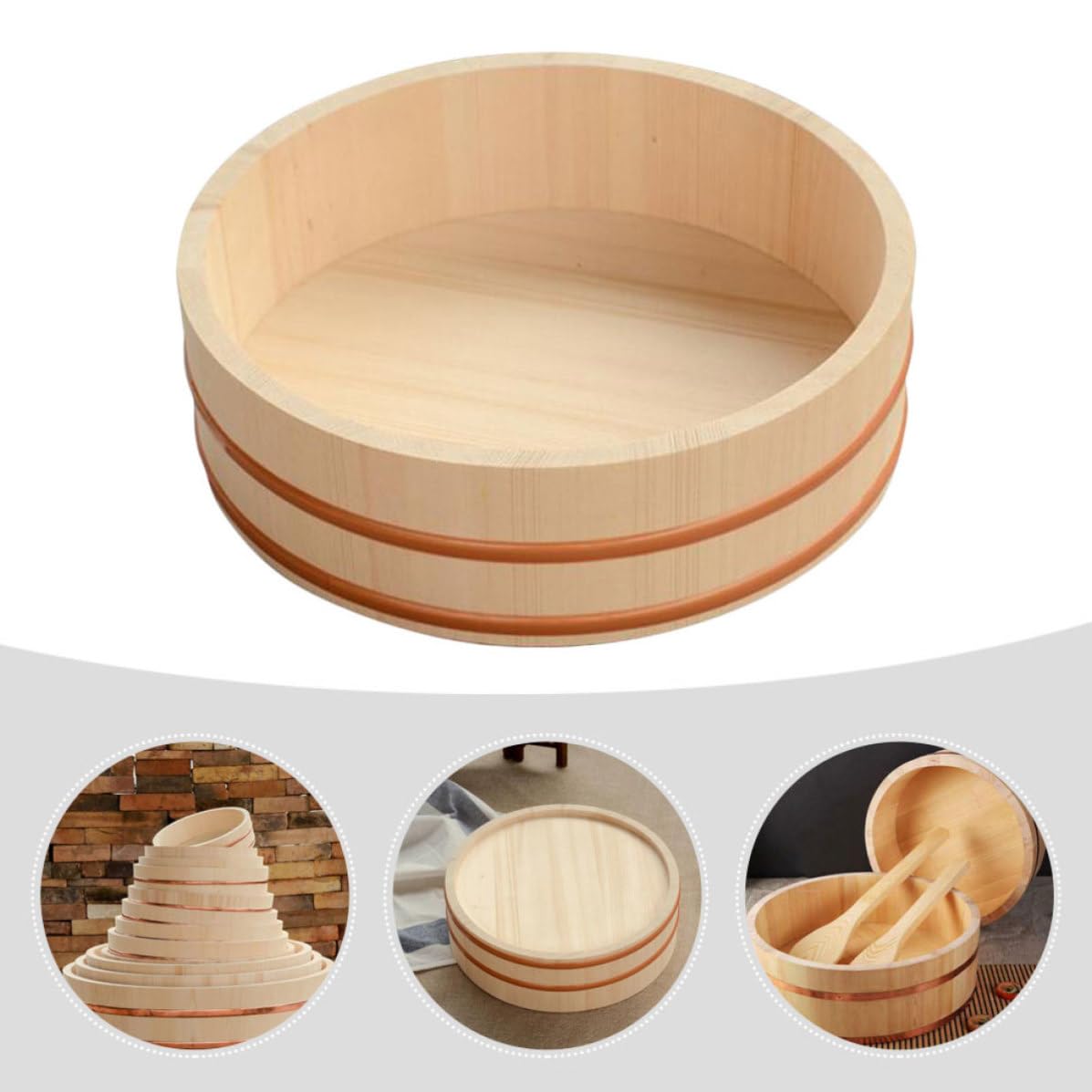 Seau à Sushi Rond en Bois et Cuivre, Grand Format Cuisine Japonaise
