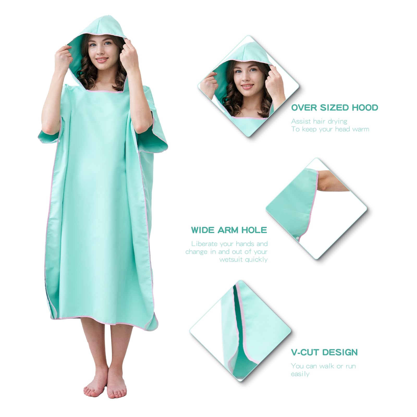 Poncho Surf Microfibra Adulto Toalla de Playa Poncho Piscina con Capucha para Mujer Hombre Natación Vacaciones Viajes Camping, Verde