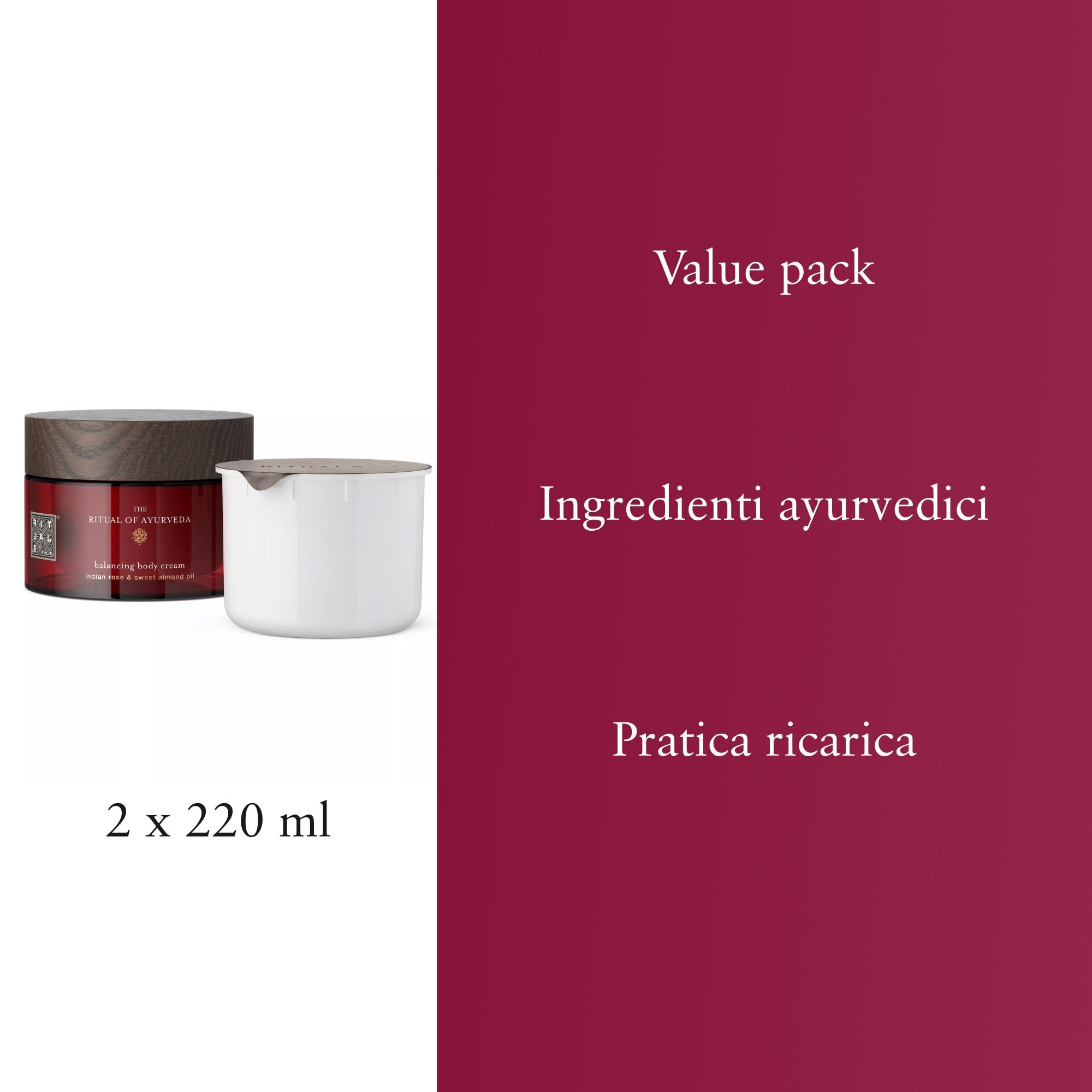 RITUALS Crema + Ricarica The Ritual of Ayurveda – Profumata con rosa indiana e olio di mandorle dolci, idratante per pelle secca – 2 x 220 ml