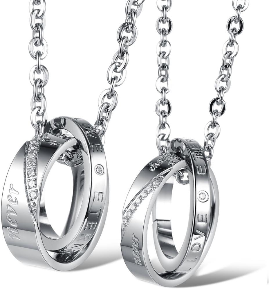 Dixivi Jewelry a Pair Valentine Couple Stainless Steel Double Ring Engraved Promise Necklace Sets