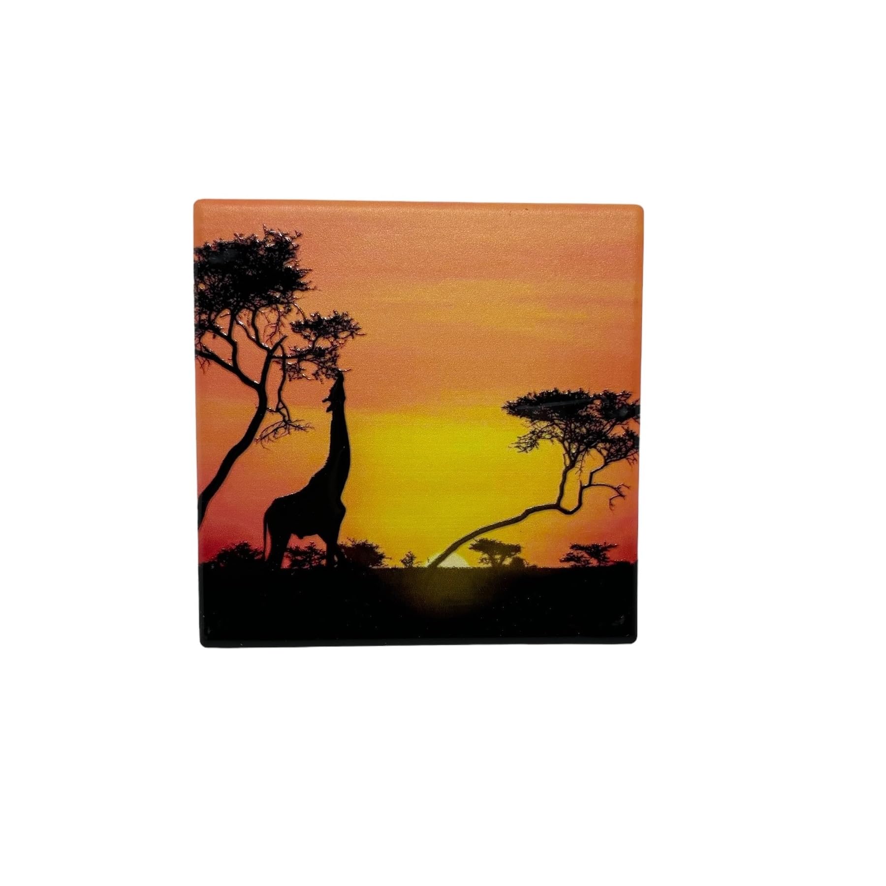 Milford Collection Ceramic Art Coaster 10x10cm Giraffe Sunset Design – Cork Backed Non-Slip Drink Coaster Table Mat for Home Decor