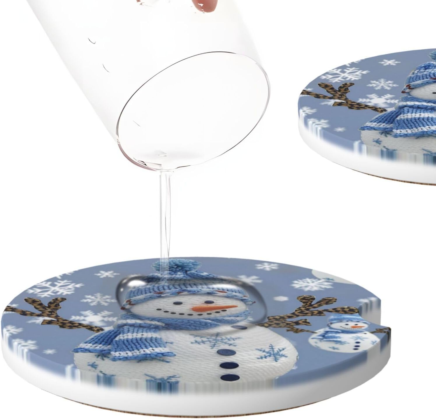 2 Pack Car Coasters, Snowman Pattern, Absorbent Ceramic & Non-Slip Cork Base, Fit Most Vehicles, Easy to Clean