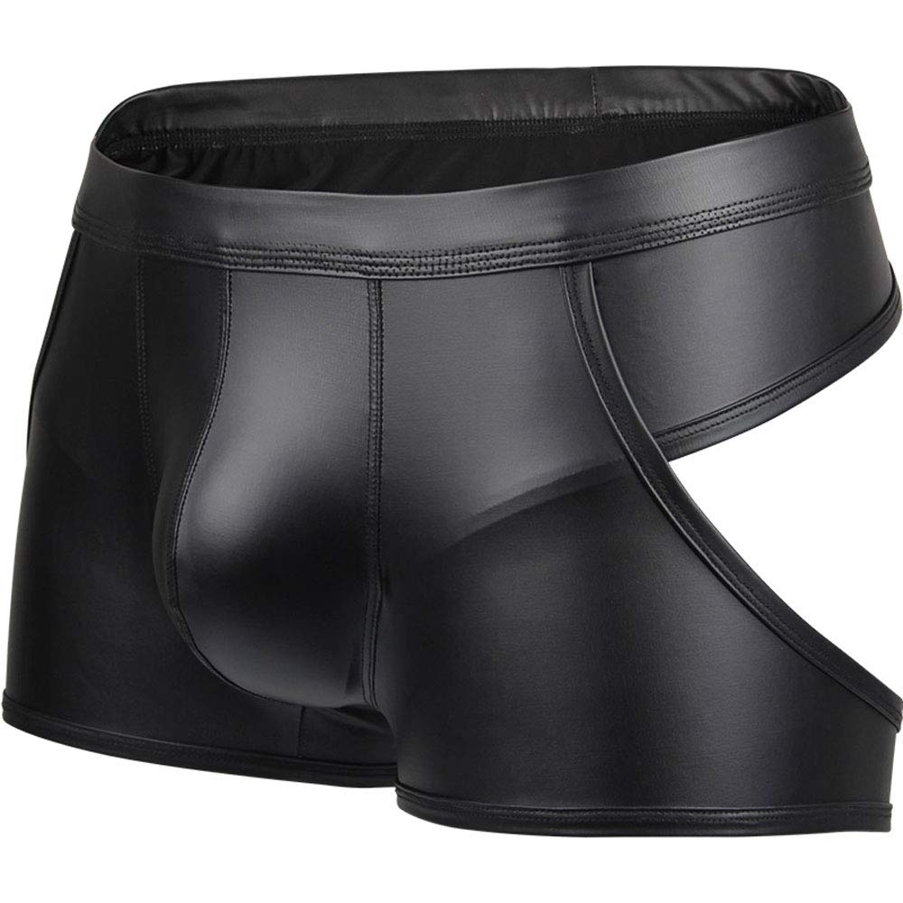 Boxer ouvert pour homme En cuir synthétique Couleur : noir Effet mouillé Sexy Sousvêtement pour homme Sousvêtement sexy Pour clubwear Confortable Avec string En