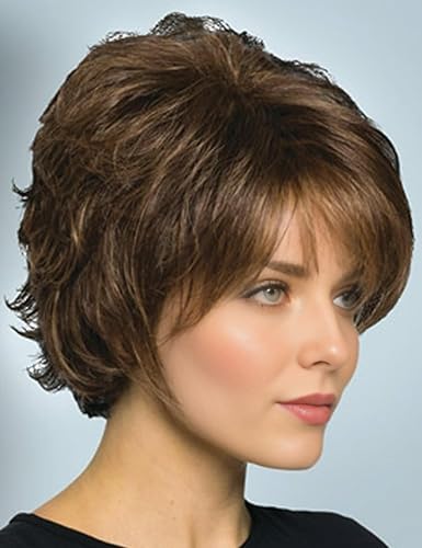 Miniatura 1 de TISHINING Pelucas cortas y rizadas de corte Pixie marrón para mujeres blancas con flequillo, pelucas sintéticas peludas rizadas para mujeres,