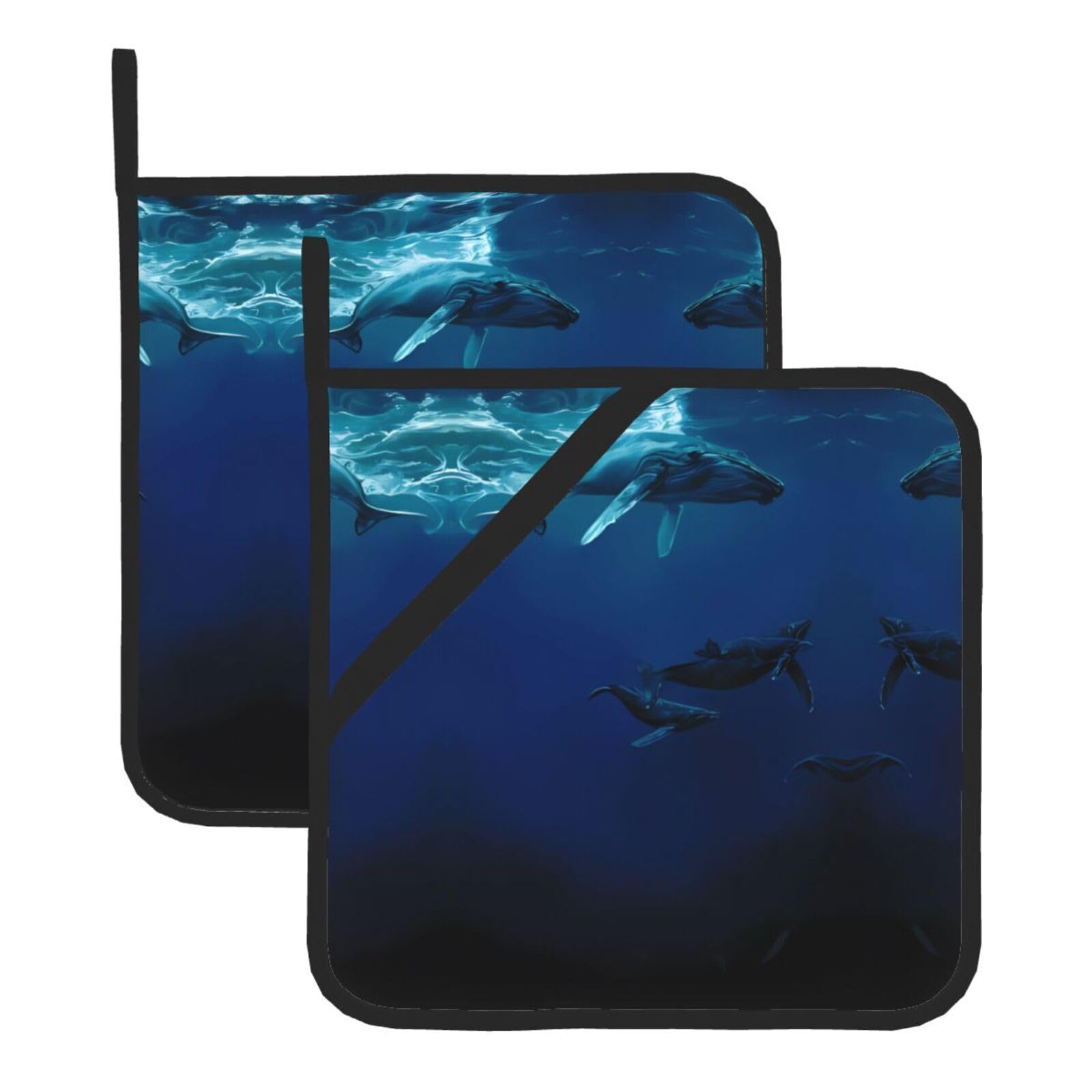WHJSHOP Ocean Whale Prints Square Pot Holders - Waterproof Heat Resistant Kitchen Throw Pads for Hot Bowls & Dishes, Durable Oven Mitt Layers with Hanging Loop - Set of 2