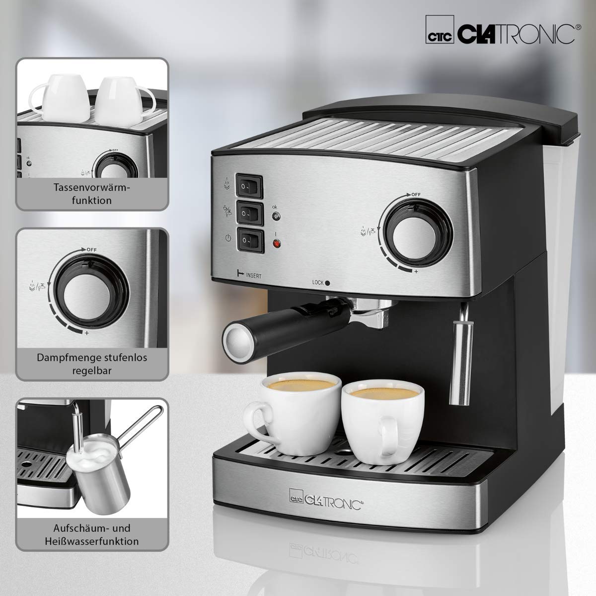 Clatronic® Espressomaschine | kleine Kaffeemaschine | 15 bar Pumpdruck | 1,6 Liter transparenter Wassertank (abnehmbar) | 2 Edelstahldüse mit Aufschäum- und Heißwasserfunktion | 850 Watt | ES 3643