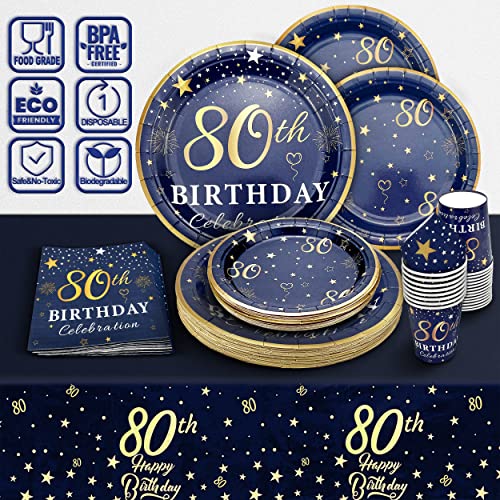 Image of 80th Birthday Decorations Plates and Napkins Blue and Gold, Service for 30, 80th Birthday Party Bundle Includes Navy Blue Plates, Napkins, Cups 80th Birthday Supplies for Men Women