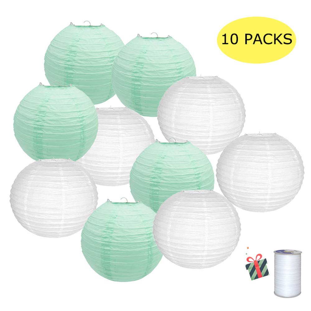 10pcs Chinese Round Paper Lanterns, Morbuy Assorted Sizes Lamp Shades Garland for Christmas Festival Wedding Birthday Party Indoor Outdoor Decorative (8 Inch,Mint Green)