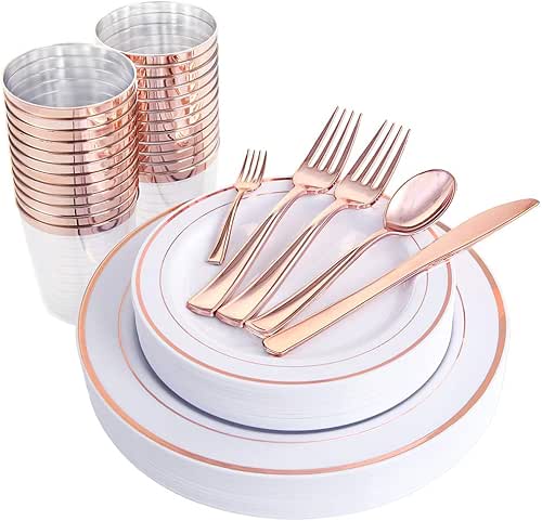 WDF 25Guest Disposable Rose Gold Plastic Dinnerware Set Include 25