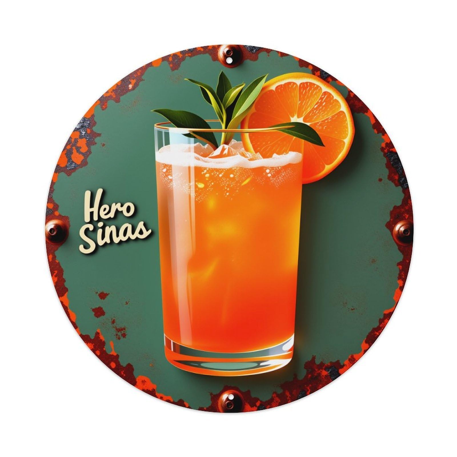 Wmlzdnwr Vintage Orange Cocktail With Mint And Slice Round Tin Sign,Retro Wall Art,Metal Poster For Home, Bar, Garage, Cafe, Rustic Indoor & Outdoor Decor, 8X8 Inches