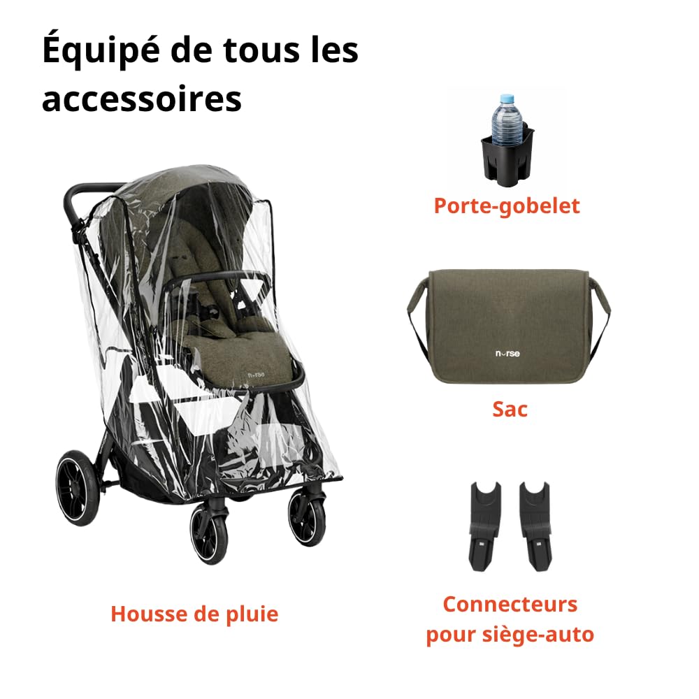 Nurse Wander C Trio Poussette Bébé 3 en 1, Nacelle Convertible en Hamac et Siège Auto i-Size, Pliage Compact, avec Accessoires, Vert