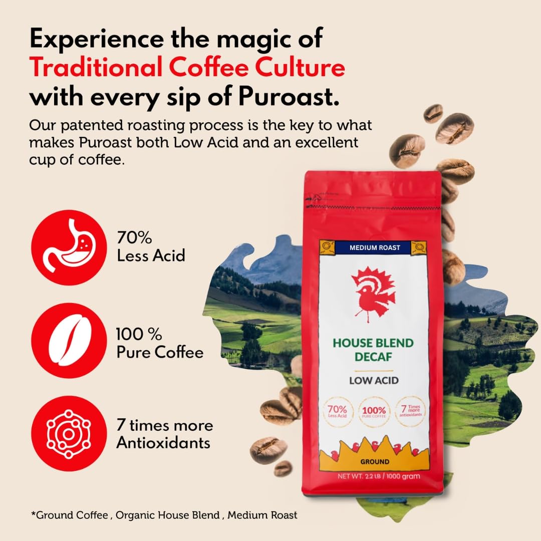 Puroast Low Acid Coffee Decaf | Decaf House Blend Ground | Medium Roast | High Antioxidants & High pH |No Bitter Aftertaste | Reduced Heartburn & GERD | Suitable for Cold Brew - 2.2 LB