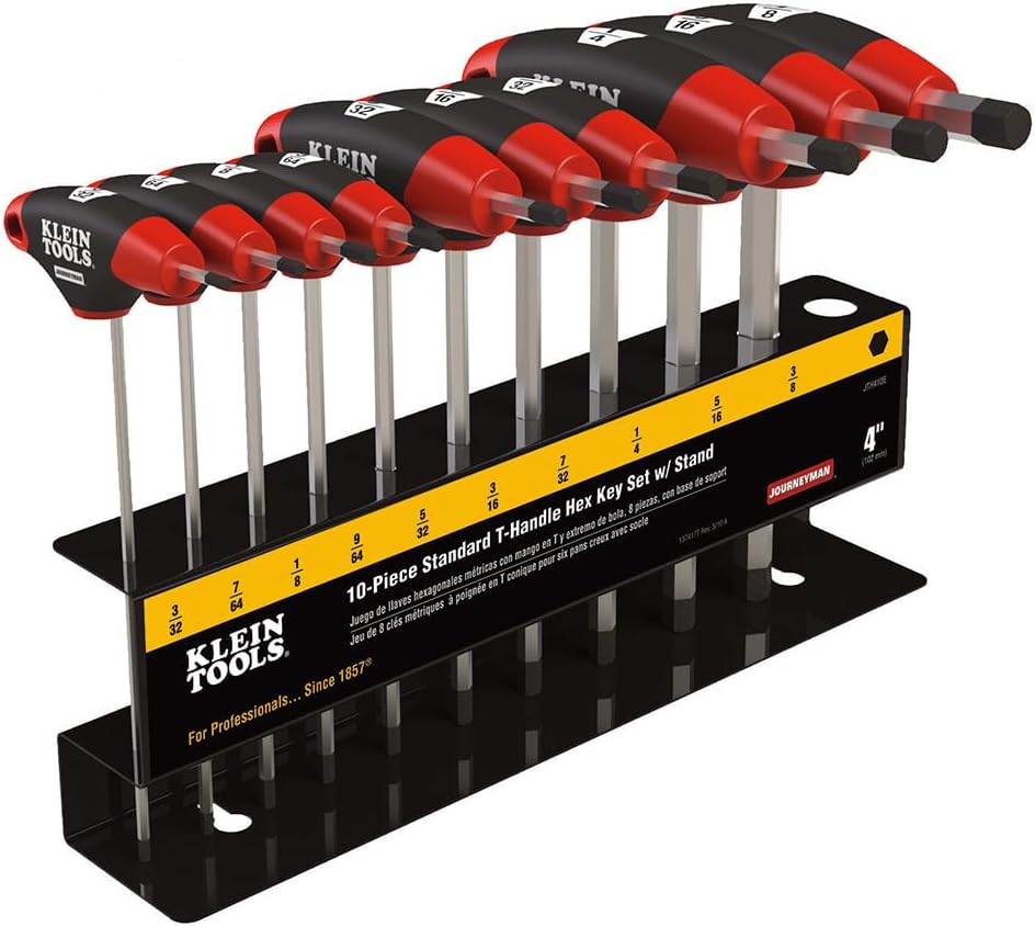 Klein Tools JTH410E T-Handle Hex Key Set, SAE Inch Sizes Allen Wrench Set with 4-Inch Blades, Stand Included, 10-Piece